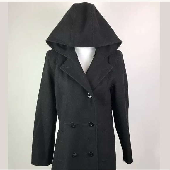 Black Hooded Pea Coat Women’s Small - Picture 2 of 8